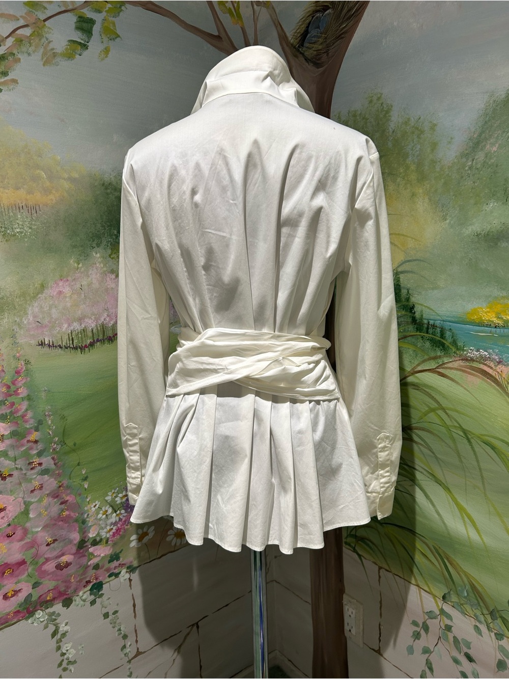 Vintage Lafayette 148 New York White Pleated Wrap Tie Waist Button-Down Shirt - Picture 2 of 10